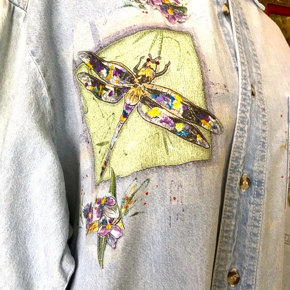 Denim Shirt Hand Painted MAJOR MARKDOWN Soft, Colorful Floral & Dragonflies L - Picture 4 of 11